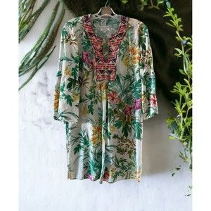 Johnny Was Workshop Size XS Multicolor Floral Flare Sleeve Tunic Dress Tropical